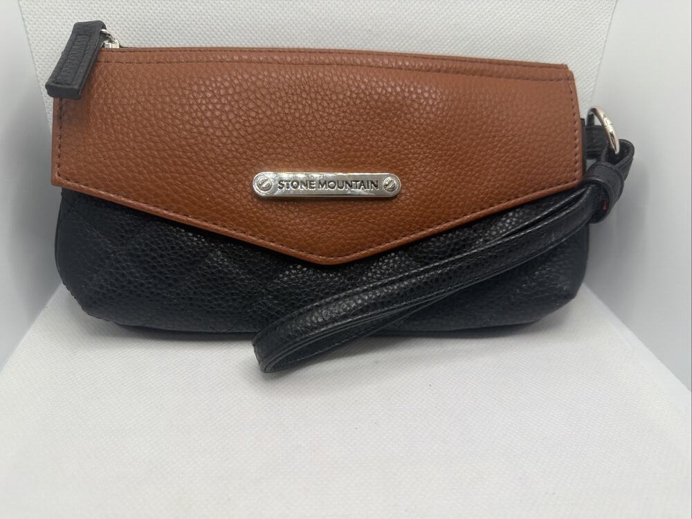 Stone Mountain Black/Tan Leather Embossed Zip Around Wallet Wristlet Checkbook